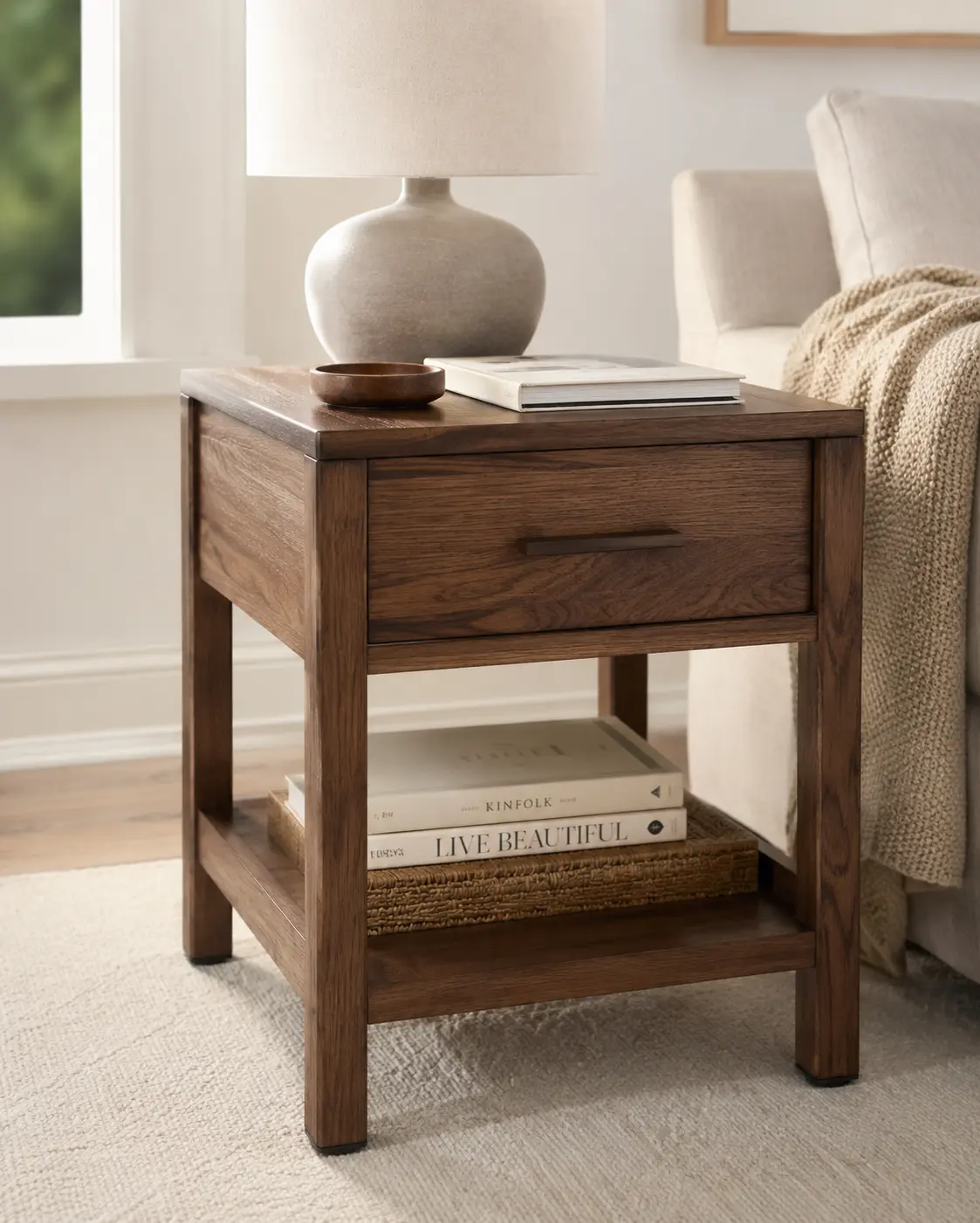Solid wood side table in a bright room beside a sofa